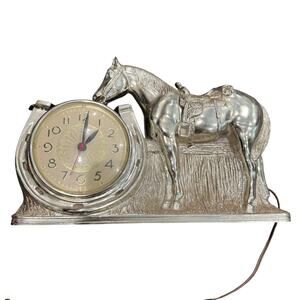 Vintage Mastercrafters Desk Clock Western Horse Silver/Gold Plastic Model 902